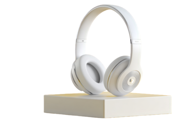 White Wireless Headphones on Display Stand - Studio Shot Audio Equipment on Isolated Transparent Background