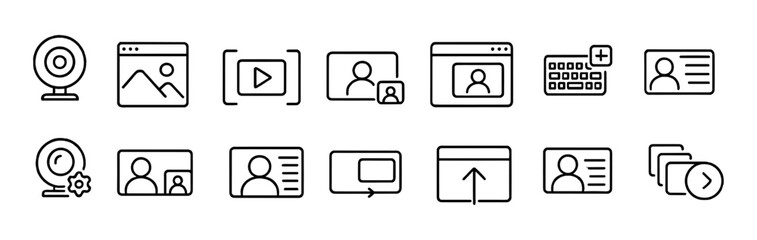 Fototapeta premium Communication and media outline icon set. web, video, chat, and messaging symbols