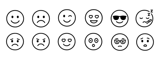Emoji, emoticon line icon set. expressive, mood, reaction icons in outline style