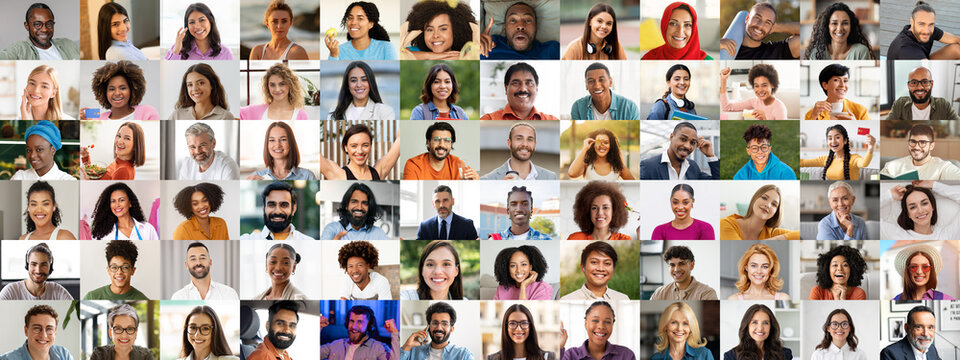 A joyful collage showcases a diverse group of multiracial individuals smiling and sharing moments that highlight their unique backgrounds and lifestyles. The atmosphere is positive and warm.