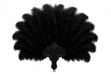 Elegant Black Feather Fan with Ornate Handle, Evoking Glamour and Sophistication for Fashion and Events