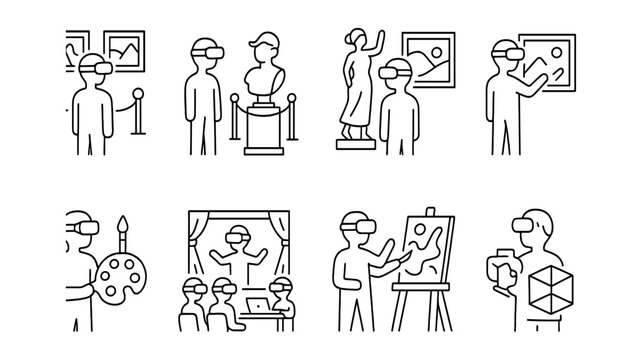 Art and museum line icon set. creative, gallery, exhibition, vr experience icons collection