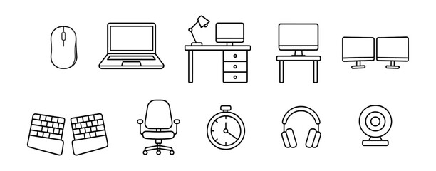 Office essentials outline icon set. workstation, computer, desk, headphone icons
