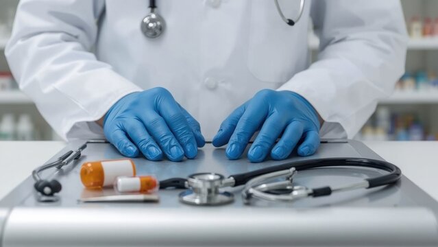 Doctor wearing blue gloves with stethoscope and medication bottles on table