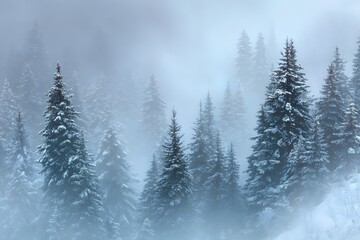 Obraz premium Winter Snow Falling Through Atmospheric Forest Landscape