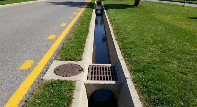 Drainage Ditch Alongside Road and Grass