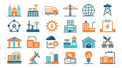 Industrial and Infrastructure Icons Set - Energy, Logistics, Construction & Technology Vectors