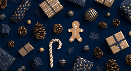 Dark Blue & Gold Christmas Flat Lay: Minimalist Gingerbread, Candy Cane, Pine Cones on Navy Background, Cinematic Hyper-Realistic
