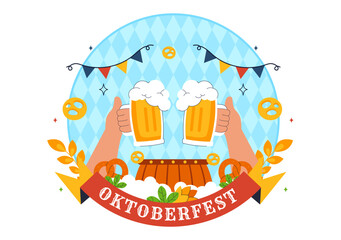 Happy Oktoberfest Party Festival Vector Illustration Featuring Beer, Sausage, Gingerbread, Barrels, German Flag, and Wheat in a Flat Background