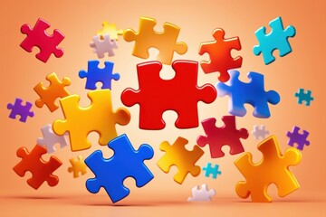 Colorful puzzle pieces scattered and floating against a warm orange background representing teamwork and solutions
