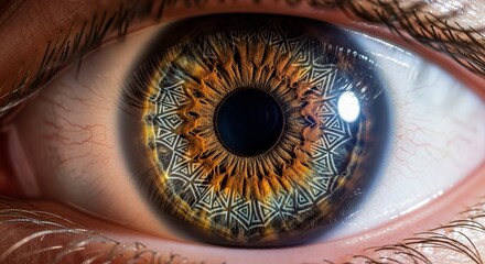 Macro shot of a human eye with intricate triangular patterns overlaying the iris, concept for vision research, ophthalmology studies and biometric identification.