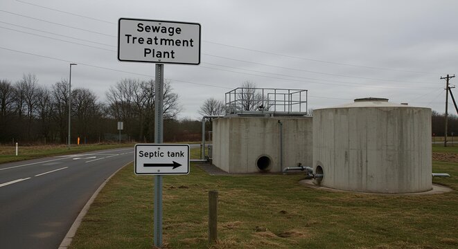 Sewage Treatment Plant Sign and Concrete Tanks