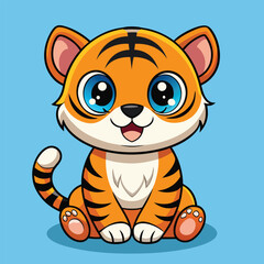 Fototapeta premium Adorable cartoon tiger with big blue eyes sitting cute orange