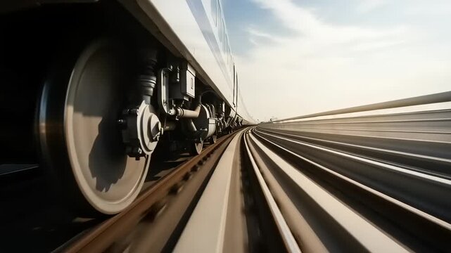 High-speed train racing along curved tracks at sunset