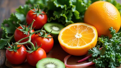 Fresh Ripe Tomatoes Oranges Kiwi and Leafy Greens on a Wooden Board for Healthy Eating