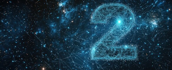 Abstract image of a number one in the form of a starry sky or space, consisting of points, lines, and shapes in the form of planets, stars and the universe. 3D Render illustration digit "2"