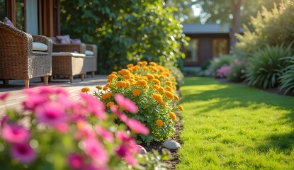 Vibrant garden path lined with colorful flowers and lush green grass