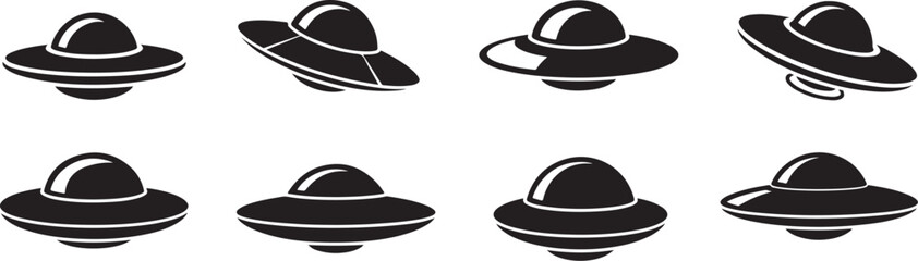 Collection of retro flying saucer ufos in black silhouette