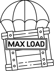 Aircraft logistics process icon showing parachute crate labeled max load for delivery efficiency