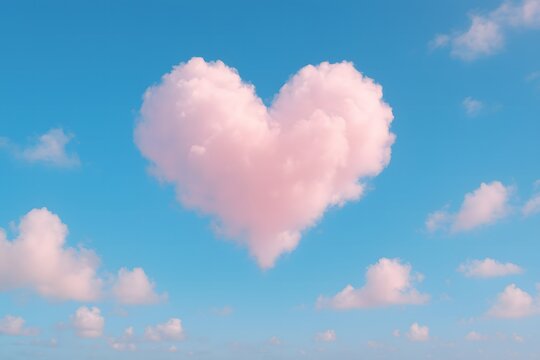 A soft pink heart shaped cloud floats in a clear blue sky - Powered by Adobe