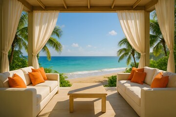 Obraz premium Luxury beachfront cabana with comfortable seating and ocean view