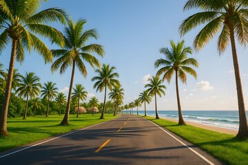 Scenic coastal road lined with palm trees leading to the ocean under a clear blue sky
