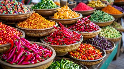 Fototapeta premium Colorful array of spices and chili peppers in woven baskets at a market stall