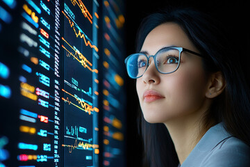 Business executive analyzing data on digital screen, focused and engaged in decision making process, showcasing technology and innovation