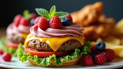 Gourmet Burger Delight with Fresh Berries and Cheesy Goodness on a White Plate