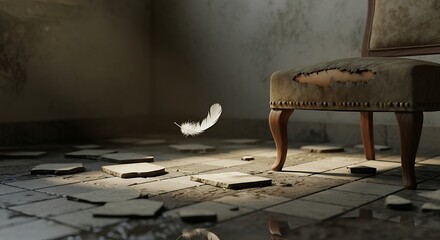 Feather Floating by Worn Chair in Dilapidated Room