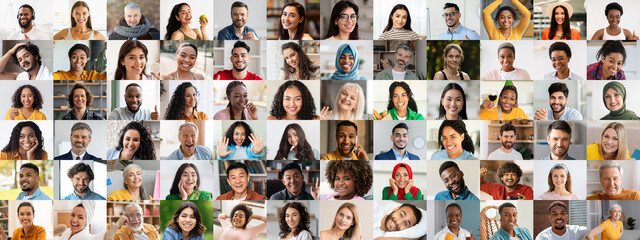 This vibrant collage features diverse individuals from various backgrounds, all sharing joyful expressions. The atmosphere exudes happiness and a sense of community, highlighting inclusivity.