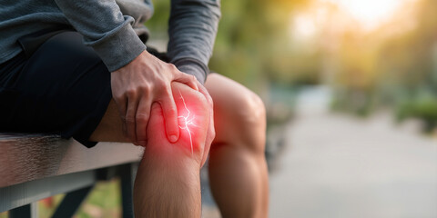 Naklejka premium man suffering from knee pain during workout outdoors