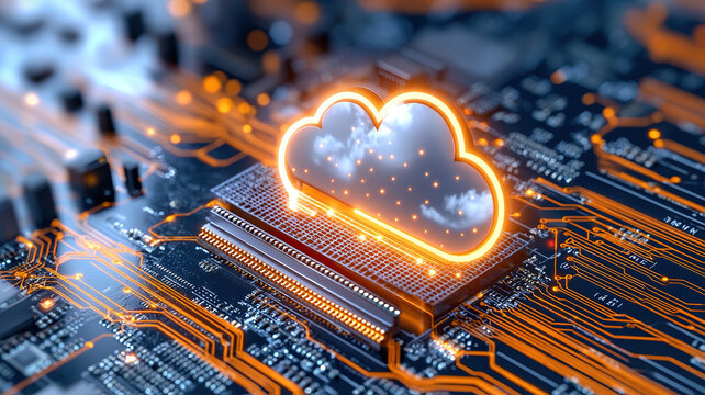 Cloud based ERP security system with glowing cloud icon on circuit board, symbolizing data integration and technology innovation