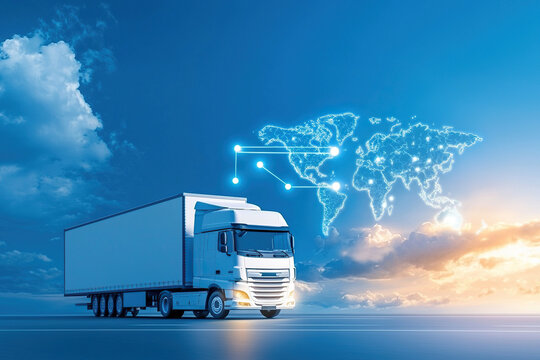 Logistics truck driving on highway with digital world map in background, symbolizing global transportation and connectivity