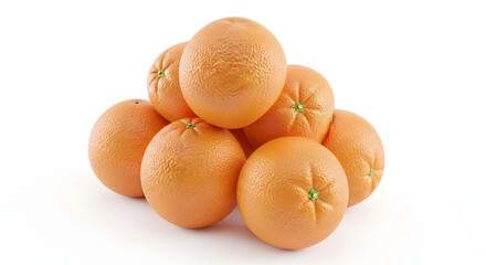 A pyramid of eight ripe, juicy oranges against a bright white background.