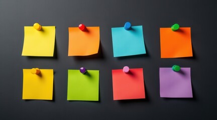 Eight colorful sticky notes pinned to a dark gray textured surface in two rows