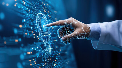 Digital hand interacting with AI interface, showcasing technology and innovation in futuristic setting