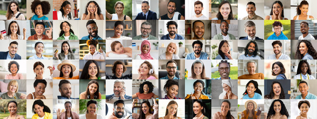 Fototapeta premium A vibrant collection of portraits featuring multiracial individuals smiling and enjoying life. The collage reflects happiness and celebrates the beauty of diversity in various settings.
