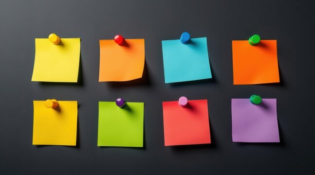 Eight colorful sticky notes pinned to a dark gray textured surface in two rows