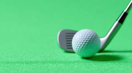 Minimalist action shot showcasing golf ball poised near a club on a vibrant green surface during an early morning practice session