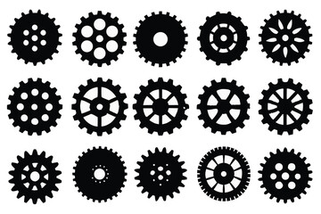 Collection of black gears with white cutouts cogwheels mechanical