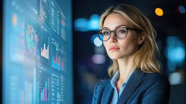 Focused professional analyzing data in corporate innovation lab, surrounded by digital displays and graphs, showcasing teamwork and creativity