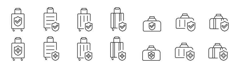Travel and health insurance outline icons set – line, protection, and safety symbols