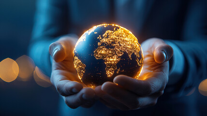 Person holding glowing globe representing global connectivity and sustainability, with focus on technology and innovation