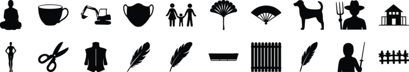 Collection of Various Silhouette Icons in Row
A horizontal set of diverse black silhouette icons representing people, objects, and symbols, ideal for UI, design, or infographics.
