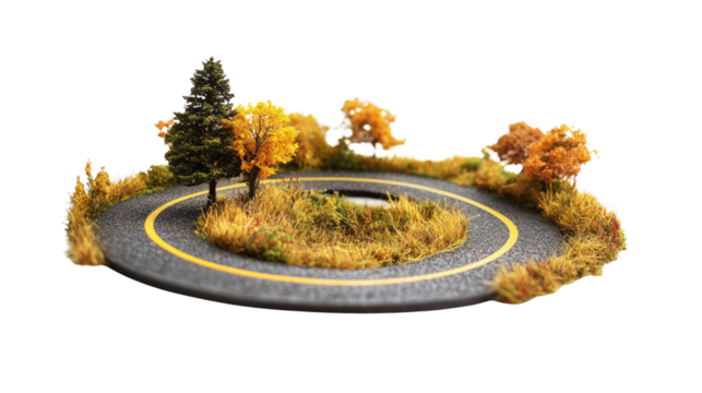 miniature winding asphalt road with dashed yellow lines on white background