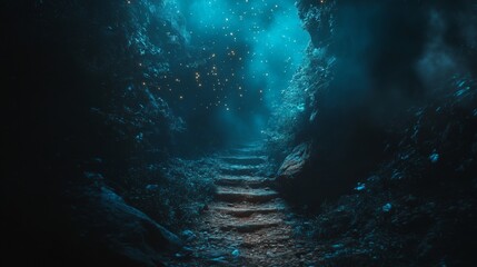 Mysterious underwater pathway with glowing blue lights and floating particles