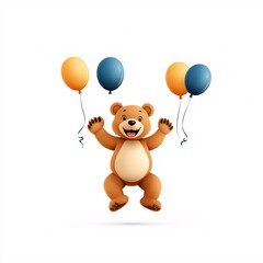 Cute Cartoon Bear Dancing with Balloons at Birthday Party Celebration