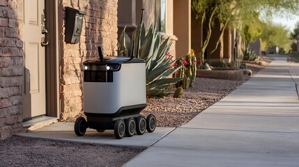 Small autonomous delivery robot carrying parcel on sidewalk
