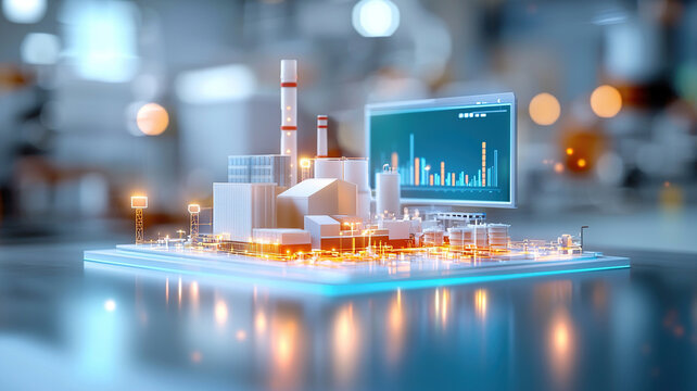 Digital twin model of supply chain network showcases industrial facility with advanced technology and data visualization. scene conveys innovation